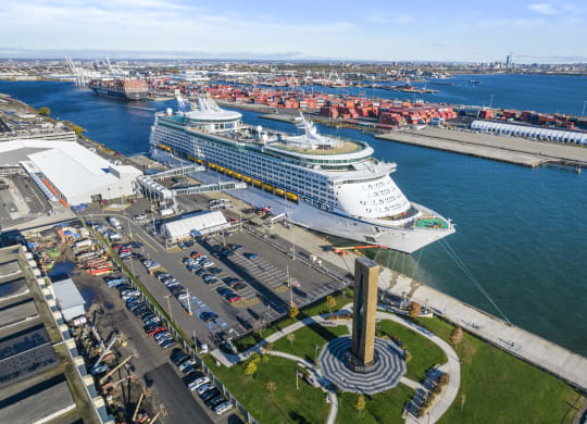 a cruise ship docked at Cape Liberty Cruise Port at Harbor Pointe, Bayonne, 07002