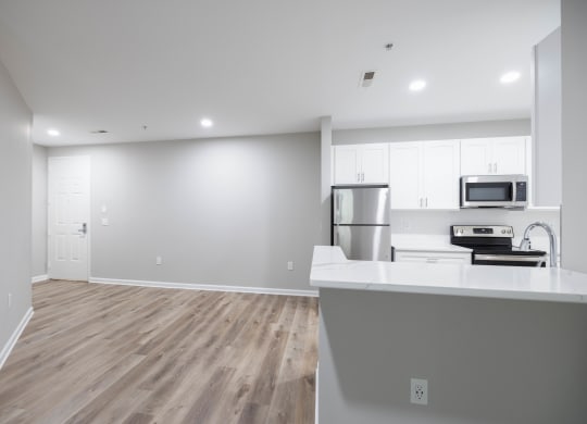 an open kitchen and living room with white walls and wood flooring at The Lena, Raritan, NJ 08869