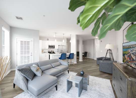 A living room with a grey sofa and a white rug at Harbor Pointe Apartments, Bayonne 07002