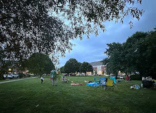 A park with people and trees under a blue sky.