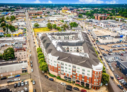an aerial view of a large building in a city at Metro 303, Hempstead, 11550
