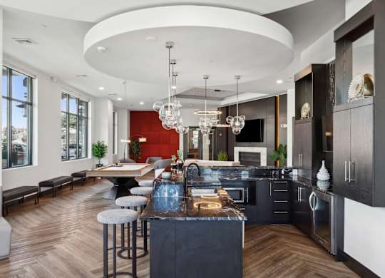 Community Kitchen with ample sitting and billiard table at Metro 303, Hempstead, New York 