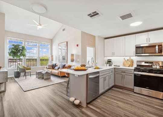 a kitchen and living room with a large window at Metro 303, Hempstead New York