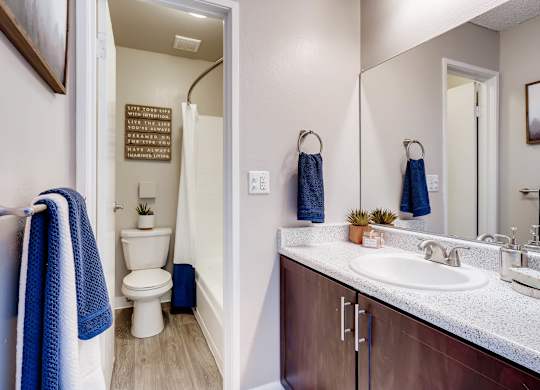 A bathroom with a toilet, sink, and mirror at Mountain Vista Apartments, Colorado