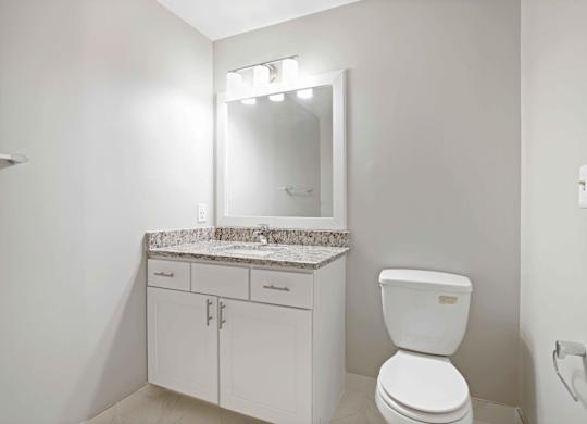 A white toilet sits next to a sink in a bathroom.