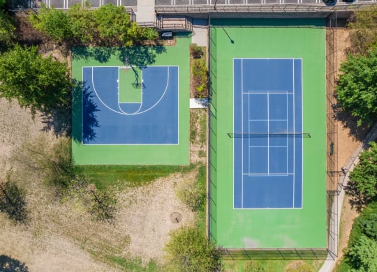 an aerial view of half basketball and full tennis court at The Lena, Raritan, New Jersey