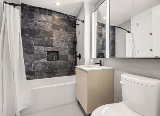 a bathroom with a toilet and a shower and a sink at The Paxton, Brooklyn