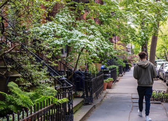 a man is walking down a sidewalk at The Paxton, Brooklyn, NY