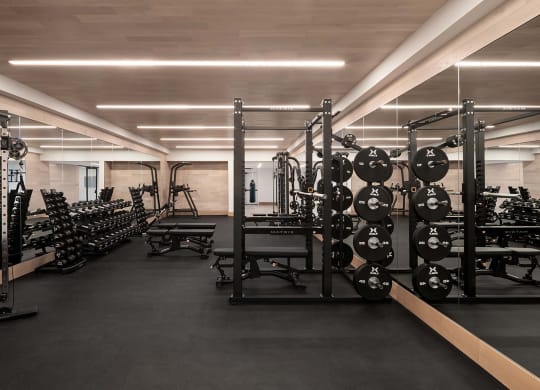 a gym with a lot of weights and cardio equipment at The Paxton, Brooklyn, 11201