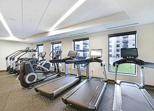 A gym with treadmills and elliptical machines.