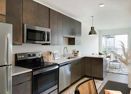 A modern kitchen with dark brown cabinets and stainless steel appliances.