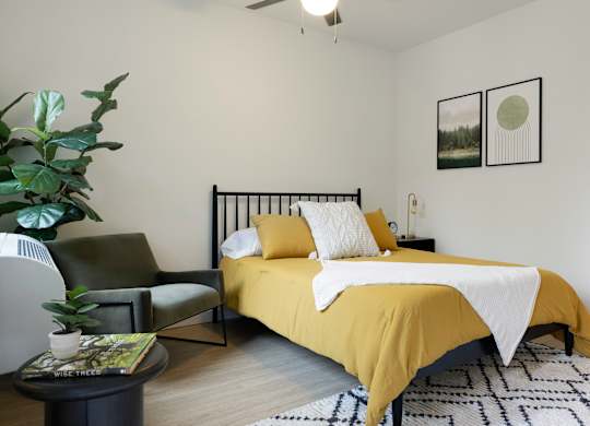 A bedroom with a bed, chair, and potted plant.