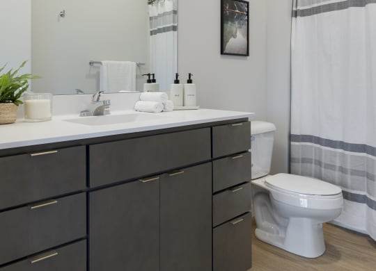 a bathroom with a toilet sink and shower in a 555 waverly unit