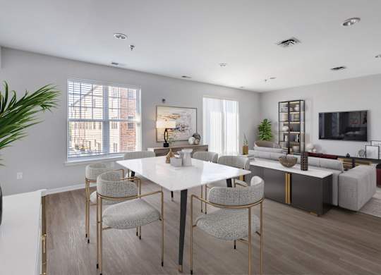 a living room and dining room with a white table and chairs