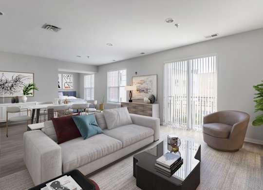 a living room with a white couch and a coffee table