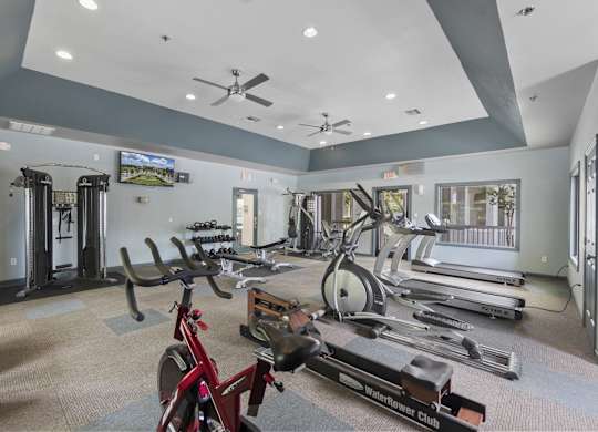 A gym with a variety of equipment including treadmills, stationary bikes, and weight machines.