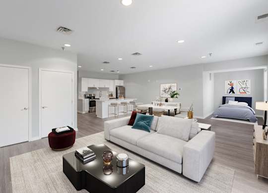 a living room with a couch and a table