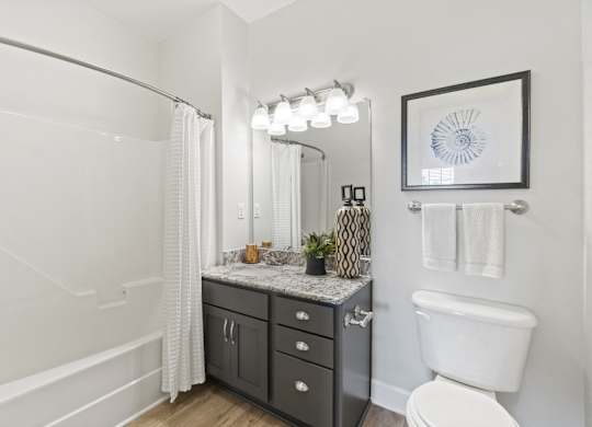 A bathroom with a white toilet, a sink with a marble countertop, and a shower with a white curtain.