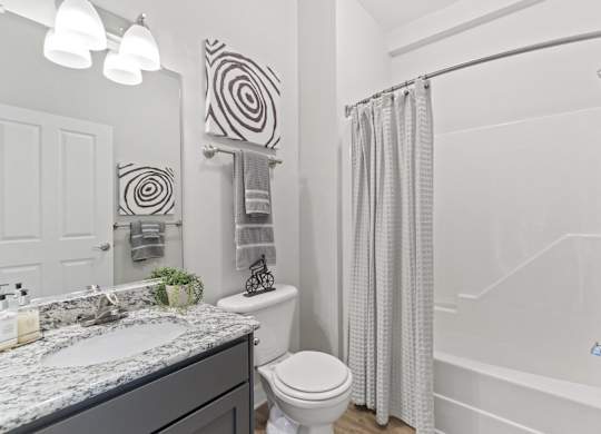A bathroom with a white toilet, a sink, and a shower.