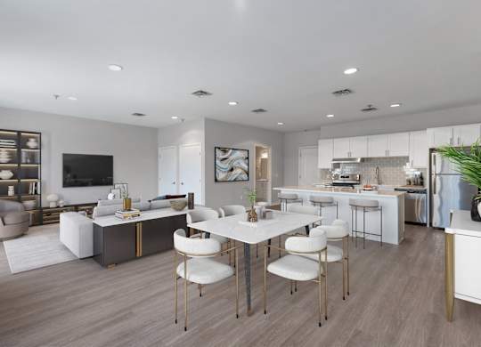 a living room and dining room with a table and chairs