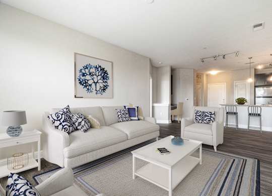 A living room with a white couch and a blue and white pillow.