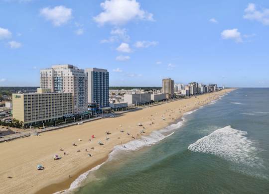 a view of the beach and the city