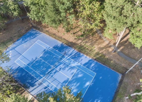 an aerial view of a tennis court surrounded by trees at Trails at Short Pump Apartments, Virginia