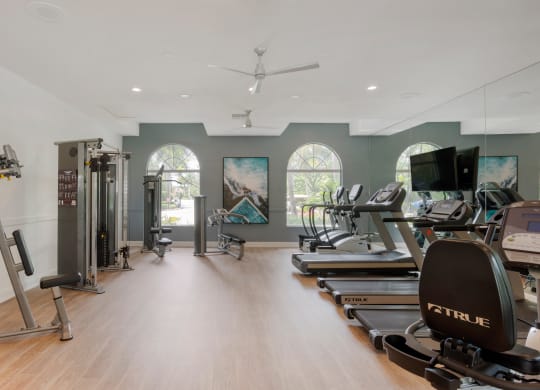 the gym has treadmills and other exercise equipment and windows at The Villas at Ibis Landing, Parkland, FL