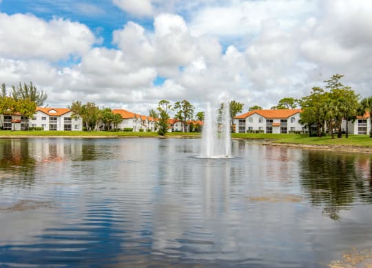 a fountain in the middle of a lake with houses in the background at The Villas at Ibis Landing, Florida