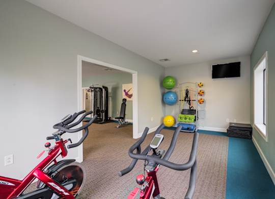 A room with a red and grey exercise bike.