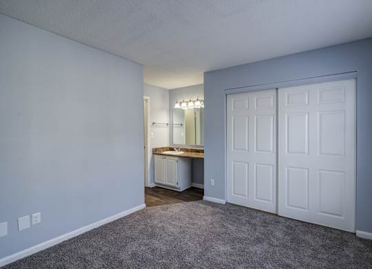 A room with a white door and a vanity with a mirror.
