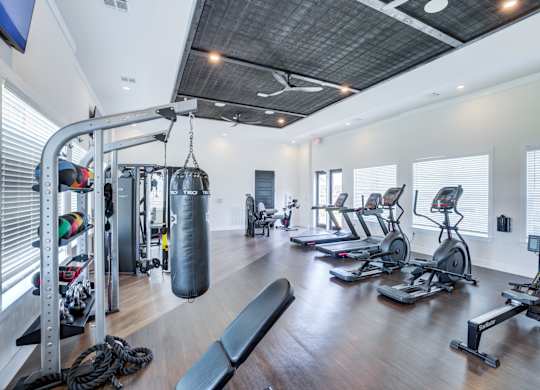 A gym with a variety of equipment including treadmills, weights, and a punching bag.