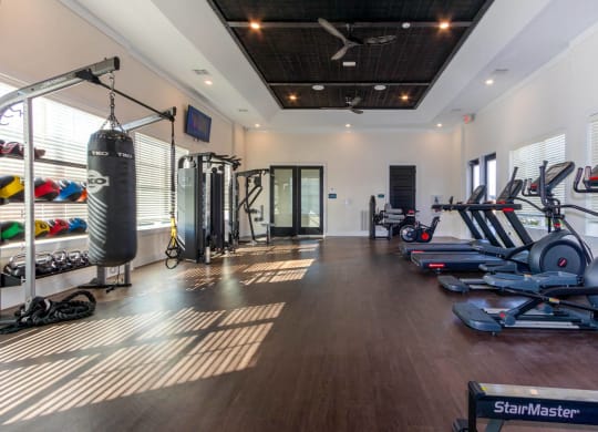 a gym with weights and a punching bag on the wall