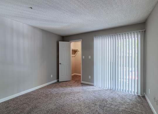 A room with a carpeted floor and a doorway leading to another room.