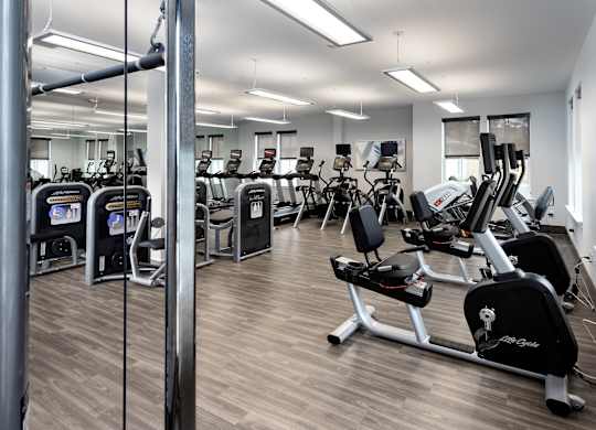 A gym with a variety of equipment including treadmills and weights.