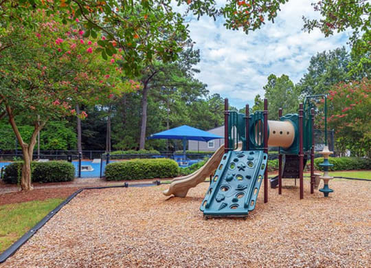 a playground with a swing set and a slide in a park at High Ridge Apartments, Athens, 30606