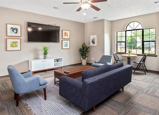 a living room with a couch and chairs and a television at High Ridge Apartments, Georgia, 30606
