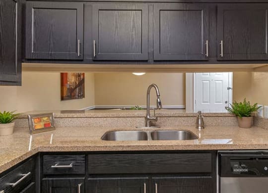 a kitchen with a sink and black cabinets at High Ridge Apartments, Athens, 30606