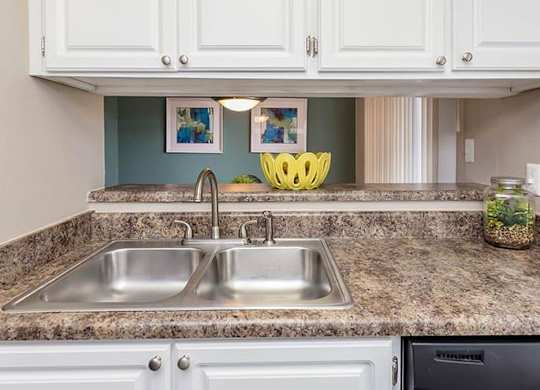 A kitchen with a granite countertop and a stainless steel sink. at Bradford Pointe, Augusta, Georgia