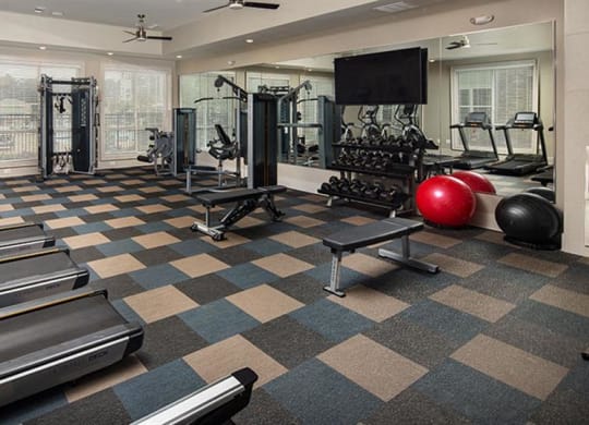 the gym is equipped with cardio equipment and weights at Promenade at Newnan Crossing, Newnan Georgia
