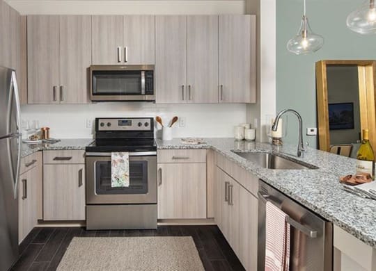 a kitchen with stainless steel appliances and a granite counter top at Promenade at Newnan Crossing, Georgia, 30265