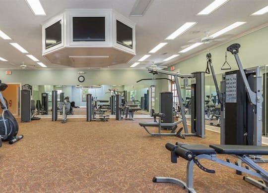 a gym with cardio machines and weights and a tv at Bedford Parke Apartments, Warner Robins