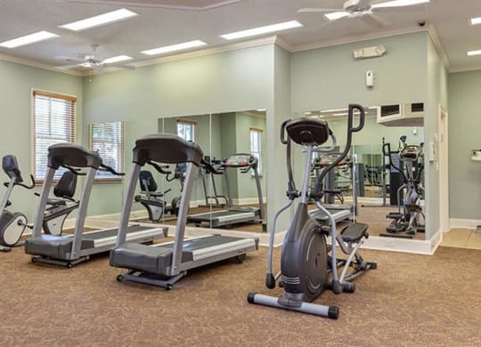 a gym with various exercise bikes and weights at Bedford Parke Apartments, Georgia, 31088