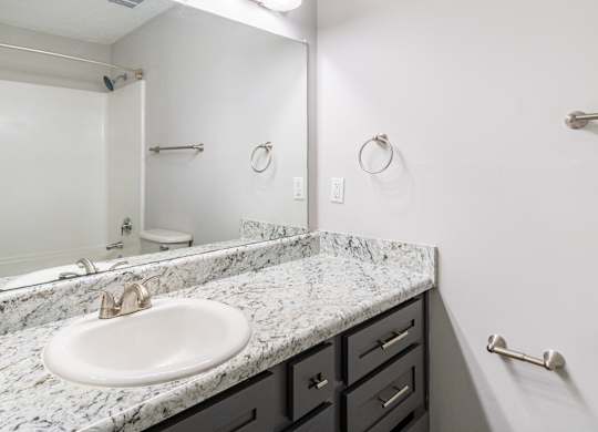 A bathroom with a marble countertop and a white sink.