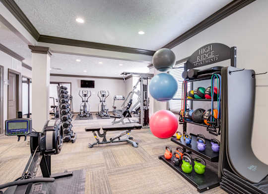 A gym with a variety of equipment including weights, exercise balls, and resistance bands.