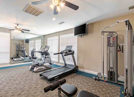 A well-equipped gym with treadmills, exercise bikes, and a television.