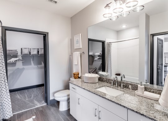 a bathroom with a sink and a mirror and a toilet at The Louis Apartment Flats, Louisville, KY, 40241