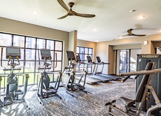 a gym with treadmills and other exercise equipment in a room with windows at The Louis Apartment Flats, Louisville, 40241