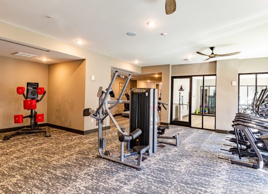 the gym has plenty of cardio equipment and treadmills at The Louis Apartment Flats, Louisville, Kentucky