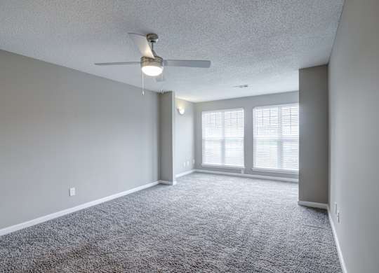A room with a ceiling fan and carpeted floor.